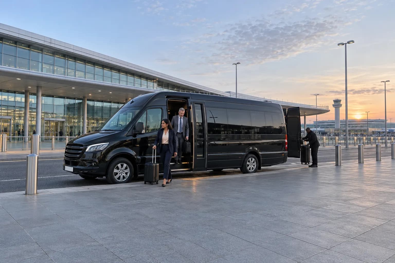 Travellers stepping down from a minibus at an airport departures drop-off