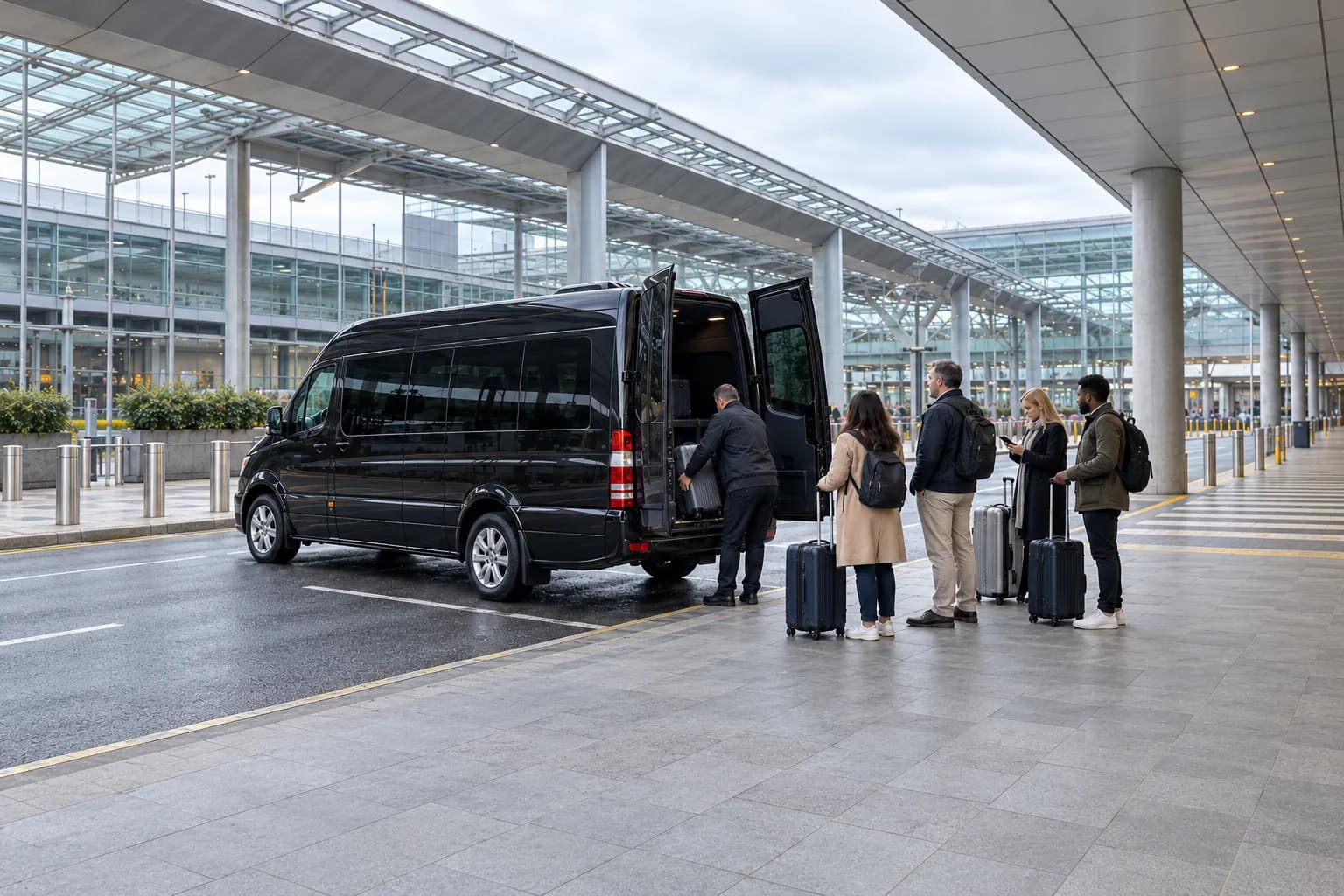 Driver loading suitcases into a 16-seat minibus at an airport terminal kerb